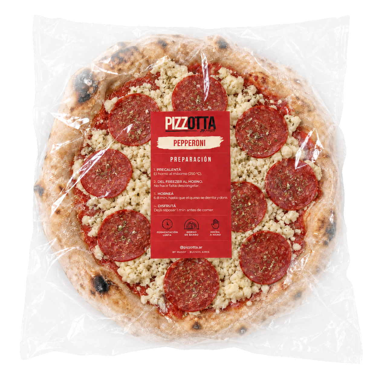 Pepperoni congelada en packaging Pizzotta